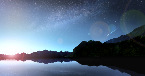 Anime picture 2048x1080 with original tsuruzen highres wide image night evening sunset mountain no people landscape water star (stars)