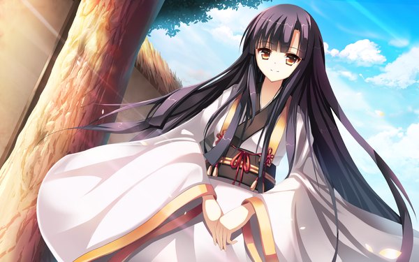 Anime picture 1680x1050 with original riburanomind single long hair looking at viewer black hair brown eyes sky cloud (clouds) traditional clothes japanese clothes girl plant (plants) tree (trees) kimono