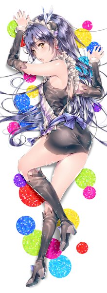 Anime picture 500x1360 with love live! school idol project sunrise (studio) love live! sonoda umi dsmile single long hair tall image looking at viewer blush brown eyes purple hair lying maid high heels girl dress uniform detached sleeves boots