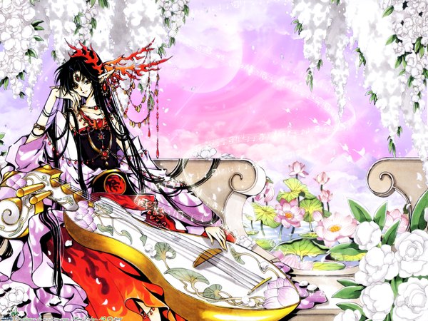 Anime picture 1600x1200 with tsubasa reservoir chronicle rg veda clamp ashura ashura-ou fightgirl (semanga) single looking at viewer black hair sitting signed yellow eyes very long hair light smile pointy ears piercing ear piercing head rest 2006 girl