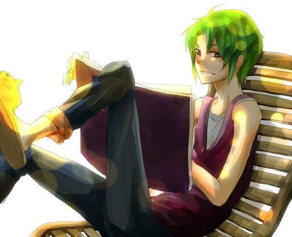 Anime picture 1100x893 with inazuma eleven midorikawa ryuuji single short hair smile sitting brown eyes green hair boy shoes book (books) bench slippers