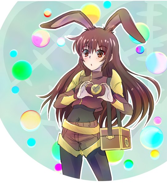 Anime picture 1590x1755 with rwby rooster teeth velvet scarlatina iesupa single long hair tall image looking at viewer fringe simple background brown hair brown eyes animal ears :o bunny ears bunny girl heart hands outline girl pantyhose