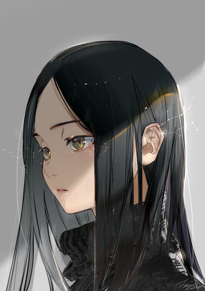 Anime picture 1000x1415 with original nanase miri single long hair tall image black hair simple background brown eyes signed looking away upper body parted lips lips sunlight grey background mole glowing dated portrait glowing eye (eyes)