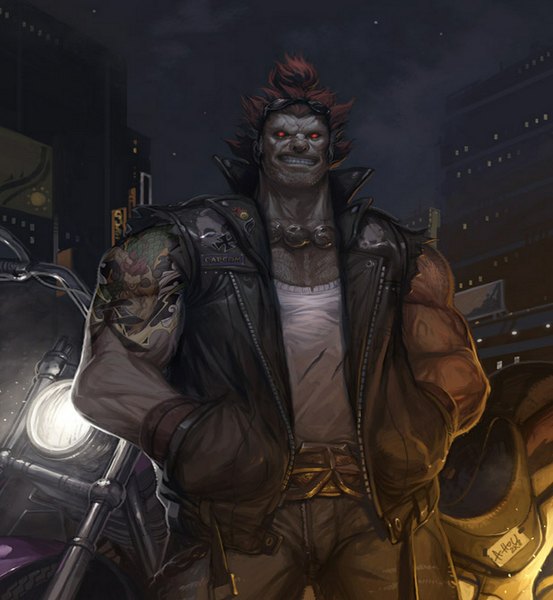 Anime picture 1024x1111 with street fighter capcom akuma gouki tall image red eyes cloud (clouds) red hair night tattoo city muscle boy sunglasses motorcycle