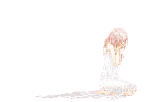 Anime picture 1008x680 with guilty crown production i.g yuzuriha inori yoma (pixiv) single long hair simple background white background sitting bare shoulders pink hair barefoot kneeling strap slip seiza sad covering eye (eyes) hands on face hair down girl