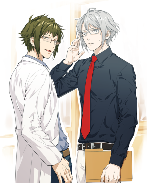 Anime picture 840x1045 with idolish 7 yaotome gaku nikaido yamato palru s2 tall image looking at viewer fringe short hair open mouth smile standing holding silver hair :d green hair multiple boys grey eyes turning head sweatdrop silver eyes