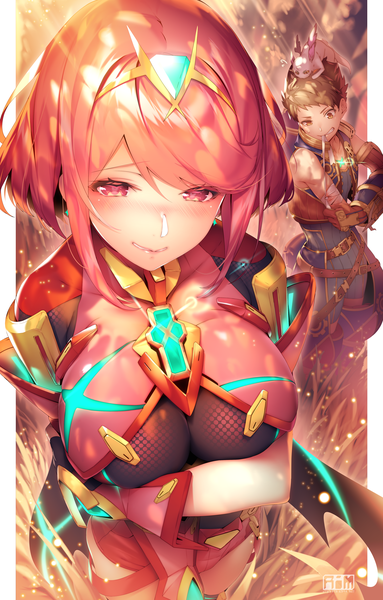 Anime picture 3500x5472 with xenoblade xenoblade 2 pyra (xenoblade) rex (xenoblade 2) seiryuu (xenoblade) ryuji (ikeriu) tall image looking at viewer blush fringe highres short hair breasts light erotic smile hair between eyes red eyes brown hair large breasts standing