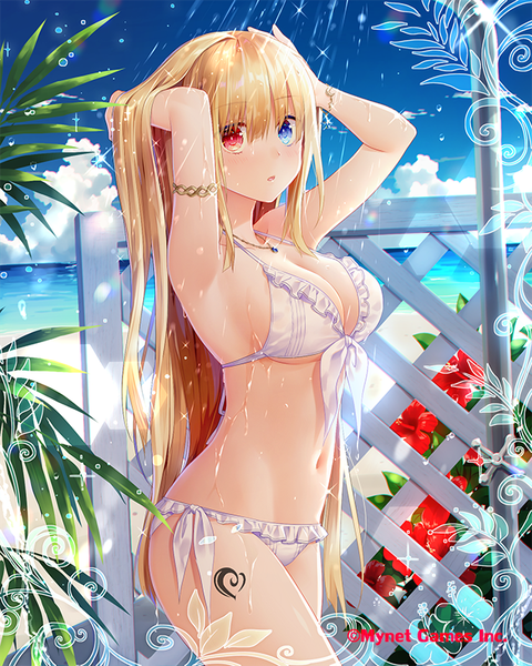 Anime picture 640x800 with falkyrie no monshou natsumekinoko single long hair tall image looking at viewer blush fringe breasts blue eyes light erotic blonde hair hair between eyes red eyes standing bare shoulders payot sky cloud (clouds) outdoors