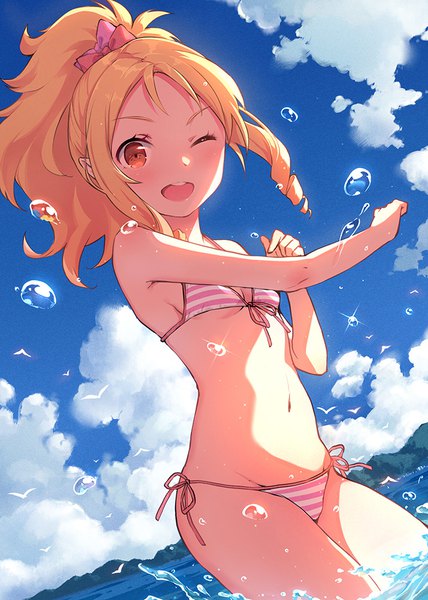Anime picture 714x1000 with eromanga sensei a-1 pictures yamada elf kamon (shinshin) single long hair tall image open mouth light erotic blonde hair red eyes sky cloud (clouds) ponytail one eye closed sparkle underboob groin drill hair ;d
