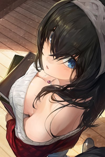 Anime picture 800x1200 with idolmaster idolmaster cinderella girls sagisawa fumika modare single long hair tall image looking at viewer blush fringe breasts open mouth blue eyes light erotic black hair large breasts bare shoulders holding cleavage looking back
