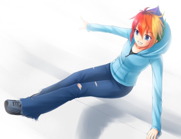 Anime picture 1280x982 with my little pony original ricegnat single short hair blue eyes simple background smile white background orange hair grin torn clothes personification girl jeans torn jeans