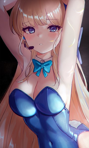 Anime picture 600x1000 with blue archive toki (blue archive) toki (bunny) (blue archive) moth1 single long hair tall image looking at viewer blush fringe breasts blue eyes light erotic simple background blonde hair large breasts animal ears cleavage tail blunt bangs