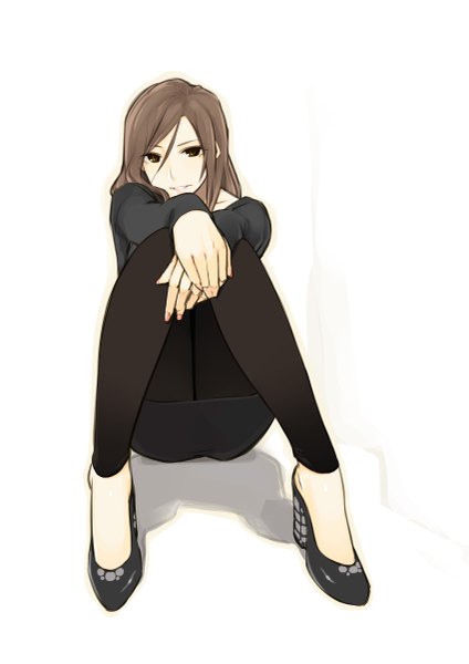 Anime picture 1698x2400 with original poaro single long hair tall image fringe light erotic brown hair white background sitting brown eyes nail polish parted lips fingernails shadow high heels hands clasped girl dress shoes