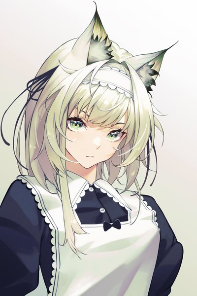 Anime picture 1200x1800 with arknights kal'tsit (arknights) zhuang yao single long hair tall image looking at viewer fringe simple background standing green eyes animal ears upper body blunt bangs green hair cat ears cat girl official alternate costume girl headband