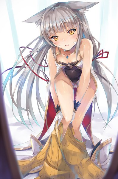 Anime picture 792x1200 with xenoblade xenoblade 2 nia (xenoblade) inoue takuya (tactactak) single tall image looking at viewer blush fringe breasts open mouth light erotic standing twintails bare shoulders animal ears yellow eyes payot cleavage indoors