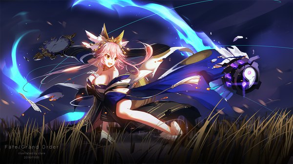Anime picture 1600x900 with fate (series) fate/grand order fate/extra fate/extella tamamo (fate) (all) tamamo no mae (fate) clare (543) single long hair breasts light erotic wide image large breasts signed animal ears yellow eyes looking away pink hair bent knee (knees) traditional clothes