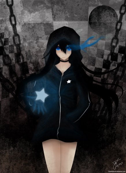 Anime picture 1700x2338 with black rock shooter black rock shooter (character) long hair tall image looking at viewer black hair signed inscription glowing glowing eye (eyes) girl gloves star (symbol) chain