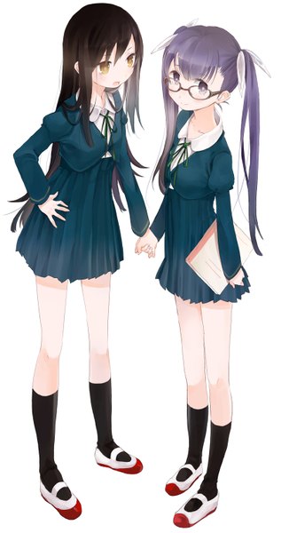 Anime picture 800x1514 with original fly (marguerite) long hair tall image looking at viewer blush open mouth black hair simple background smile white background purple eyes twintails multiple girls yellow eyes purple hair hand on hip holding hands girl 2 girls
