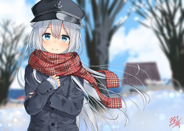 Anime picture 1529x1087 with kantai collection hibiki destroyer miko fly single long hair looking at viewer blush fringe blue eyes smile hair between eyes standing signed sky silver hair cloud (clouds) outdoors blurry depth of field winter