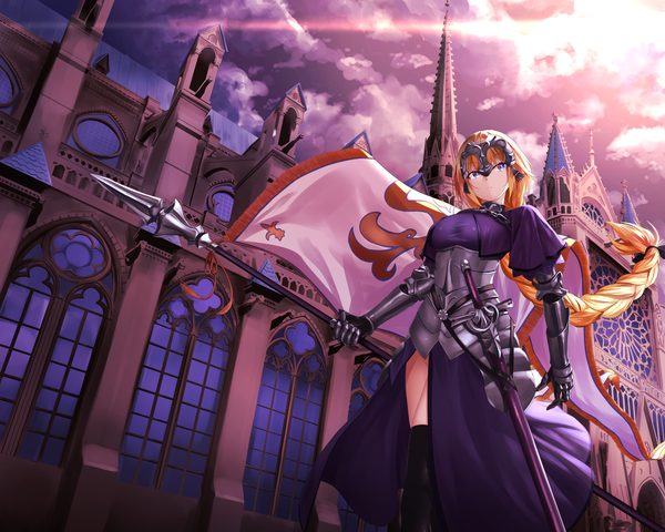 Anime picture 2500x2000 with fate (series) fate/grand order fate/apocrypha jeanne d'arc (fate) (all) jeanne d'arc (fate) oekakizuki single long hair fringe highres blue eyes blonde hair standing holding looking away sky cloud (clouds) outdoors braid (braids) sunlight