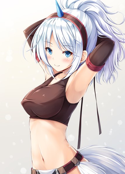 Anime picture 858x1200 with monster hunter kirin (armor) monster hunter (character) akashio (loli ace) single long hair tall image looking at viewer blush blue eyes light erotic smile silver hair ponytail horn (horns) armpit (armpits) midriff arms behind head girl navel