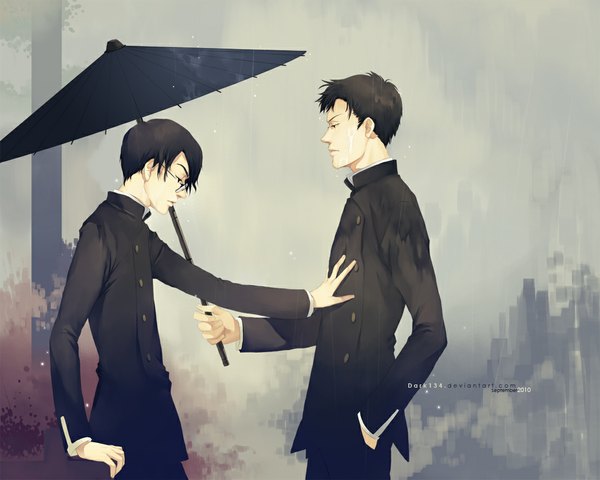 Anime picture 1111x889 with xxxholic clamp watanuki kimihiro doumeki shizuka dark134 short hair black hair profile rain hand in pocket boy uniform school uniform glasses umbrella gakuran