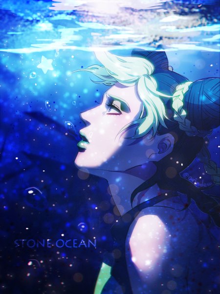 Anime picture 1000x1332 with jojo no kimyou na bouken kujo jolyne rin2010 single tall image short hair blue eyes black hair bare shoulders braid (braids) profile multicolored hair inscription two-tone hair hair bun (hair buns) lipstick looking up underwater braided bun blue lipstick