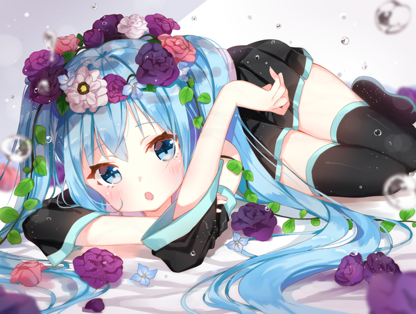 Anime picture 1799x1359 with vocaloid hatsune miku jimmy madomagi single looking at viewer blush fringe highres open mouth blue eyes twintails bare shoulders blue hair bent knee (knees) lying long sleeves very long hair head tilt pleated skirt arm up