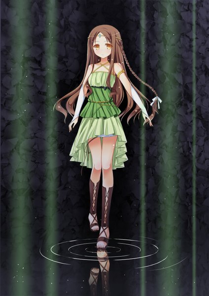 Anime picture 2480x3507 with original pixiv fantasia pixiv fantasia sword regalia amemiya ruki single long hair tall image highres brown hair yellow eyes braid (braids) twin braids reflection girl dress