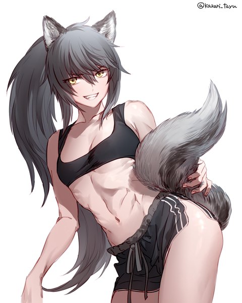 Anime picture 1280x1600 with tayuya1130 single long hair tall image looking at viewer fringe light erotic black hair smile white background holding animal ears yellow eyes ahoge ponytail tail animal tail fingernails teeth leaning