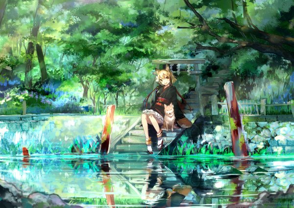 Anime picture 2500x1769 with original ume (plumblossom) single highres short hair blonde hair smile sitting animal ears yellow eyes reflection nature girl plant (plants) tree (trees) water belt yukata dog