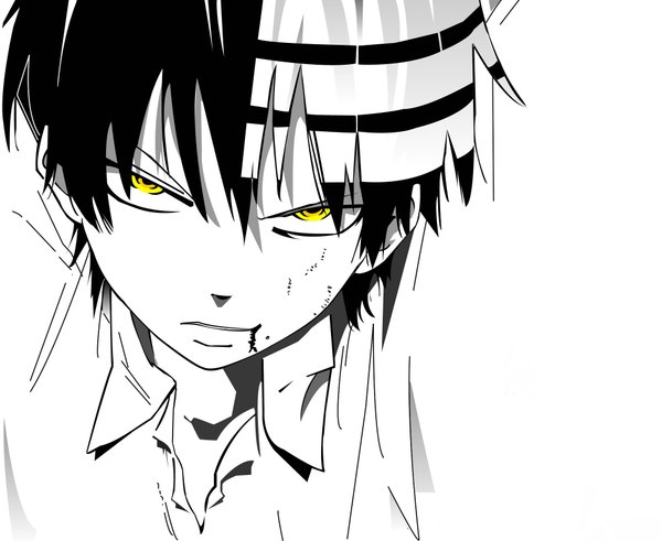 Anime picture 2000x1638 with soul eater studio bones death the kid jorael single looking at viewer fringe highres short hair black hair white background yellow eyes white hair parted lips multicolored hair wallpaper streaked hair monochrome open collar serious