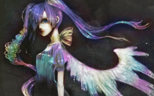 Anime picture 1680x1050 with vocaloid hatsune miku single long hair fringe blue eyes wide image twintails purple hair multicolored hair hair over one eye puffy sleeves girl dress flower (flowers) ribbon (ribbons) wings choker