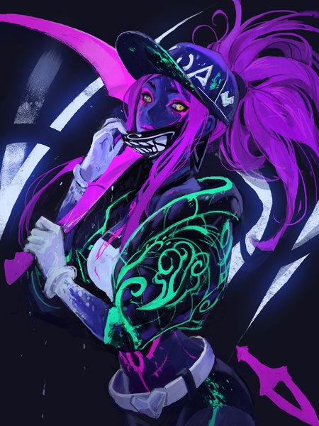 Anime picture 3000x4000 with league of legends k/da (league of legends) akali (league of legends) k/da akali inshoo (shaonav) single long hair tall image looking at viewer fringe highres standing holding yellow eyes payot purple hair ponytail lips open jacket midriff