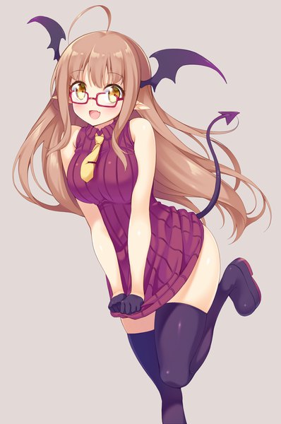 Anime picture 796x1200 with original ichi makoto single long hair tall image looking at viewer blush fringe open mouth light erotic simple background brown hair standing yellow eyes ahoge bent knee (knees) tail :d pointy ears fang (fangs)