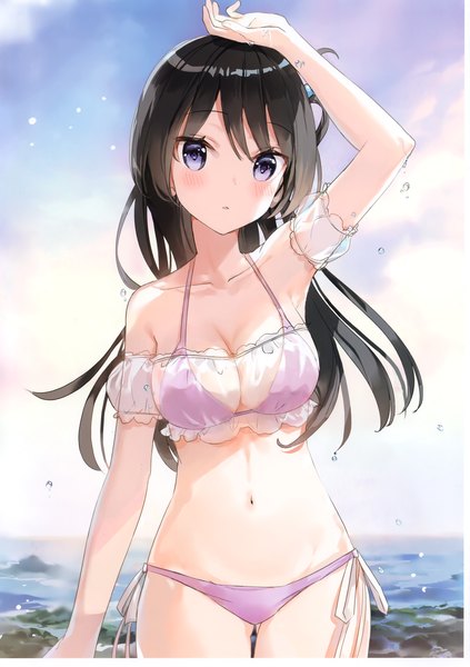 Anime picture 2089x2961 with original fuumi (radial engine) single long hair tall image looking at viewer blush fringe highres breasts blue eyes light erotic black hair standing bare shoulders sky cleavage cloud (clouds) outdoors arm up