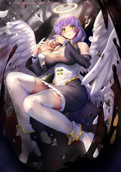 Anime picture 1024x1447 with original riiya (mabong1989) single tall image looking at viewer blush fringe short hair breasts large breasts bare shoulders signed yellow eyes cleavage purple hair parted lips high heels tears flying angel wings