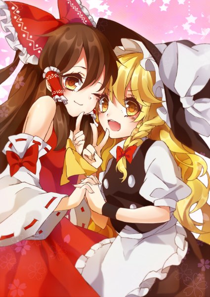 Anime picture 990x1399 with touhou hakurei reimu kirisame marisa kyouda suzuka long hair tall image looking at viewer blush open mouth blonde hair brown hair multiple girls yellow eyes braid (braids) traditional clothes one eye closed wink single braid holding hands victory