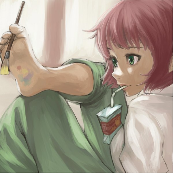 Anime picture 1029x1029 with katawa shoujo tezuka rin bukimi isan single short hair green eyes looking away pink hair light smile bare legs legs drinking girl shirt pants drink drinking straw paintbrush paint art brush