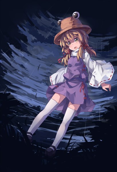 Anime picture 1500x2200 with touhou moriya suwako huanxiang huifeng single long hair tall image blush open mouth blonde hair yellow eyes sky traditional clothes wind night zettai ryouiki rain girl thighhighs hat white thighhighs