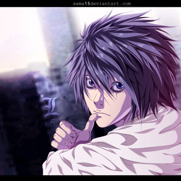 Anime picture 1100x1101 with death note madhouse l (death note) sama15 single tall image short hair black hair purple eyes inscription coloring city finger to mouth boy shirt building (buildings) skyscraper