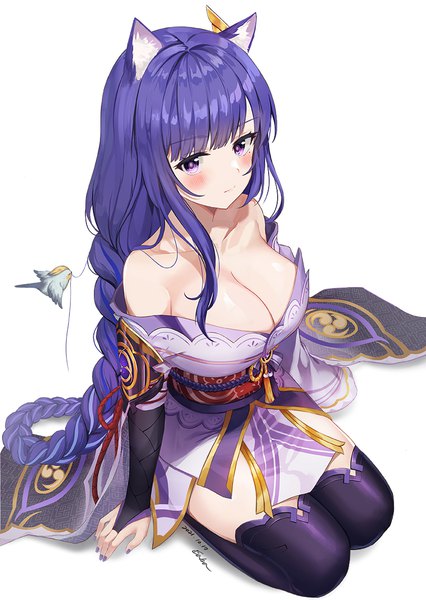 Anime picture 853x1200 with genshin impact raiden shogun minari (lmina09) single long hair tall image blush fringe breasts light erotic simple background hair between eyes large breasts white background sitting purple eyes signed animal ears payot cleavage