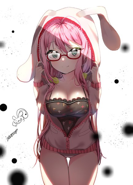 Anime picture 1905x2640 with dr poapo single long hair tall image looking at viewer blush fringe highres breasts light erotic smile hair between eyes large breasts standing white background holding green eyes animal ears pink hair ahoge
