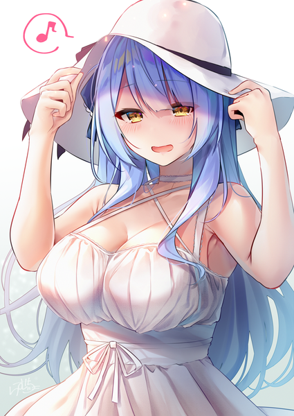 Anime picture 1450x2048 with original ramchi single long hair tall image looking at viewer blush fringe breasts open mouth light erotic simple background hair between eyes large breasts standing white background bare shoulders yellow eyes payot blue hair