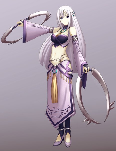 Anime picture 2319x3012 with tartaros online irisia rhy1356 single long hair tall image highres light erotic simple background purple eyes bare shoulders looking away silver hair midriff girl navel hair ornament weapon detached sleeves shoes