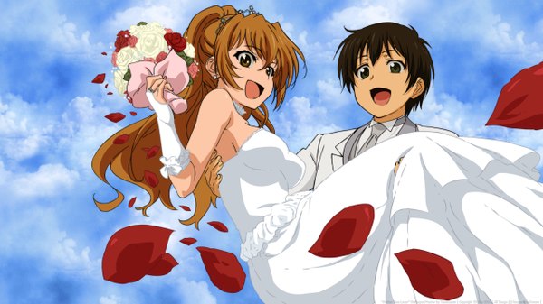 Anime picture 2560x1440 with golden time j.c. staff kaga kouko tada banri long hair highres short hair open mouth black hair brown hair wide image bare shoulders multiple girls brown eyes sky cloud (clouds) couple carrying princess carry girl