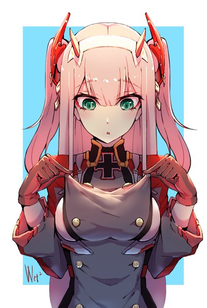Anime picture 1291x1920 with darling in the franxx azur lane studio trigger prinz eugen (azur lane) zero two (darling in the franxx) d-cao single long hair tall image blush fringe breasts open mouth light erotic simple background hair between eyes green eyes signed pink hair upper body