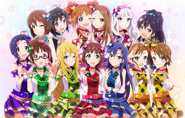 Anime picture 1950x1240 with idolmaster idolmaster (classic) hoshii miki kisaragi chihaya amami haruka ganaha hibiki shijou takane minase iori kikuchi makoto hagiwara yukiho miura azusa takatsuki yayoi akizuki ritsuko futami mami futami ami hitotsuki nanoka long hair highres short hair open mouth