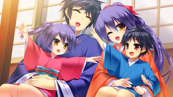 Anime picture 1280x720 with sengoku hime 4 long hair short hair open mouth black hair red eyes wide image yellow eyes game cg purple hair ponytail traditional clothes japanese clothes one eye closed wink girl boy kimono child (children)
