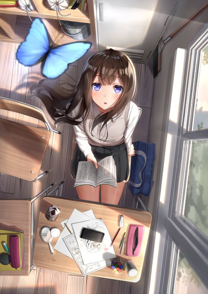 Anime picture 950x1343 with original superpig (wlstjqdla) single long hair tall image looking at viewer fringe open mouth brown hair sitting purple eyes holding indoors blunt bangs long sleeves pleated skirt from above wind sunlight blurry